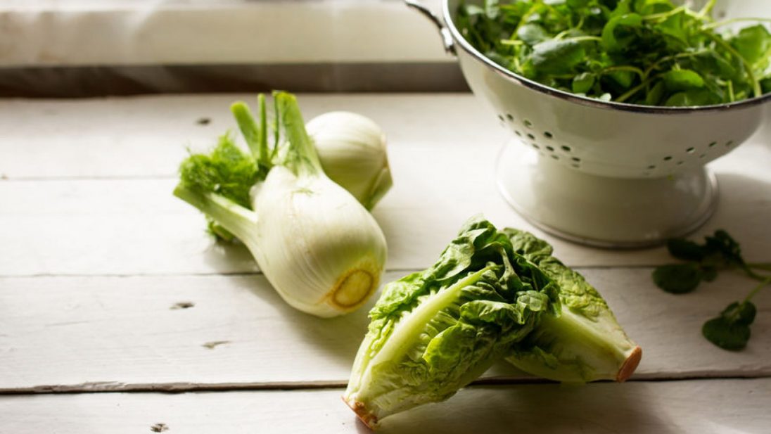 Picture of a lettuce, fennel and watercress on a kitchen counter