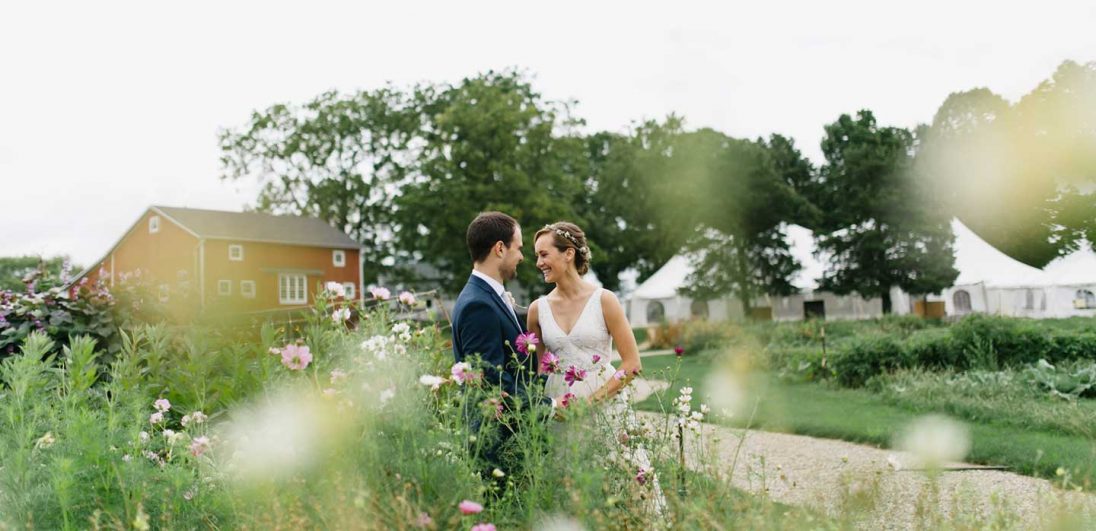 Wedding couple outside on farm